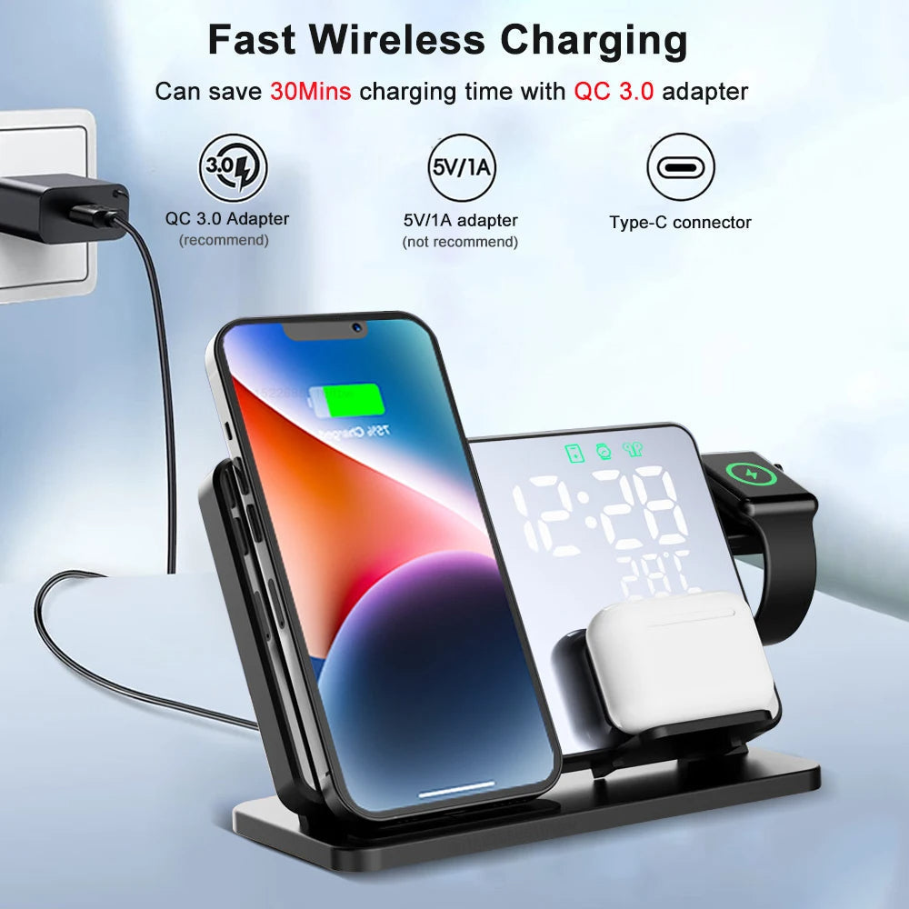 Dock di ricarica wireless rapida 3-in-1 Lumix con sveglia per iPhone, Watch e AirPods