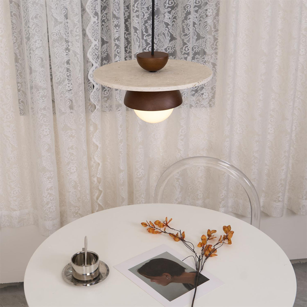 Suspension Ritta en verre et travertin, diamètre de 30cm