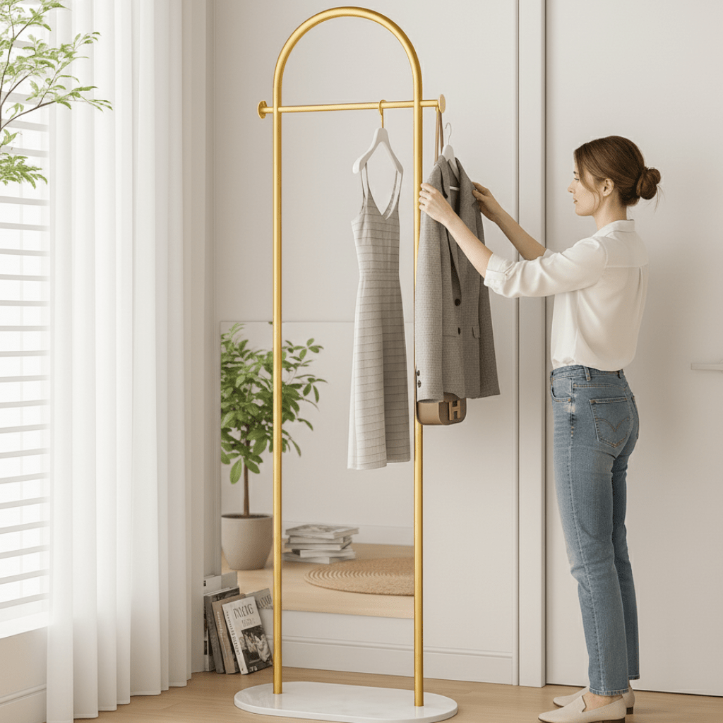 Minimalistický volně stojící věšák na oblečení AeroWardrobe pro každodenní outfity v malých prostorech