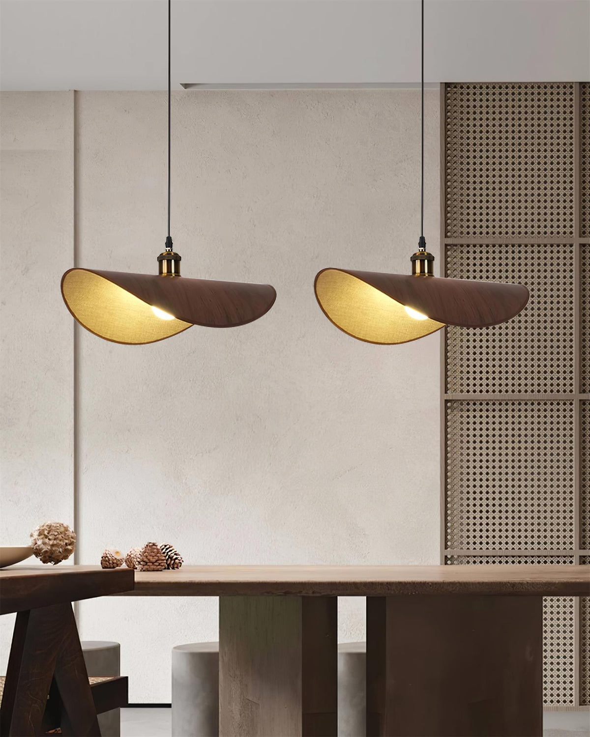 Lampada a sospensione in tessuto di lino - base in legno