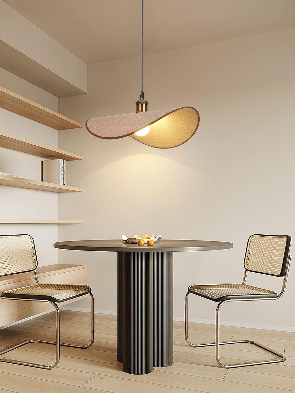 Lampada a sospensione in tessuto di lino - base in legno
