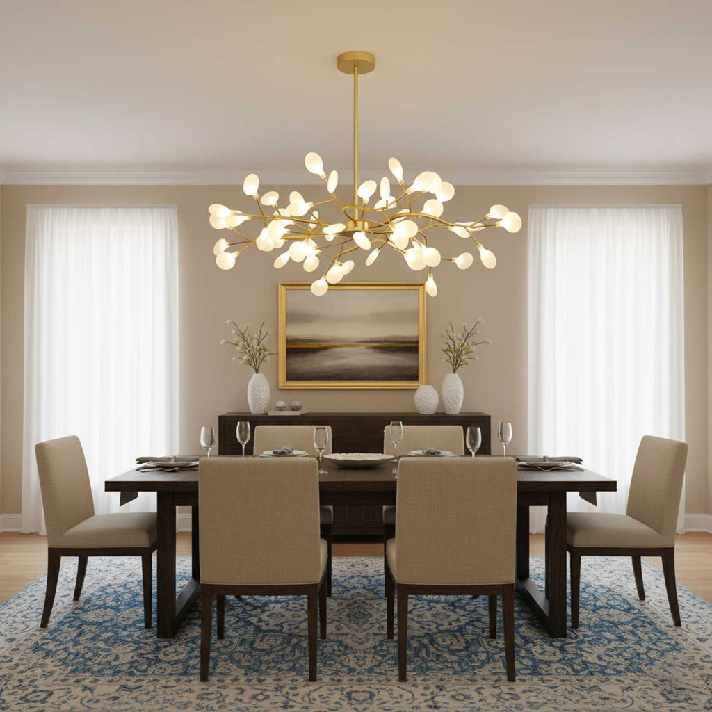 LED Sputnik-lysekrone - design med ildfluesilhuet