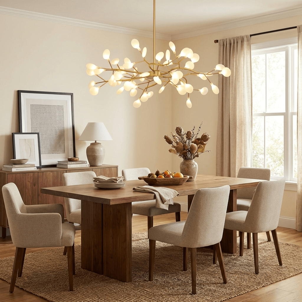 LED Sputnik-lysekrone - design med ildfluesilhuet