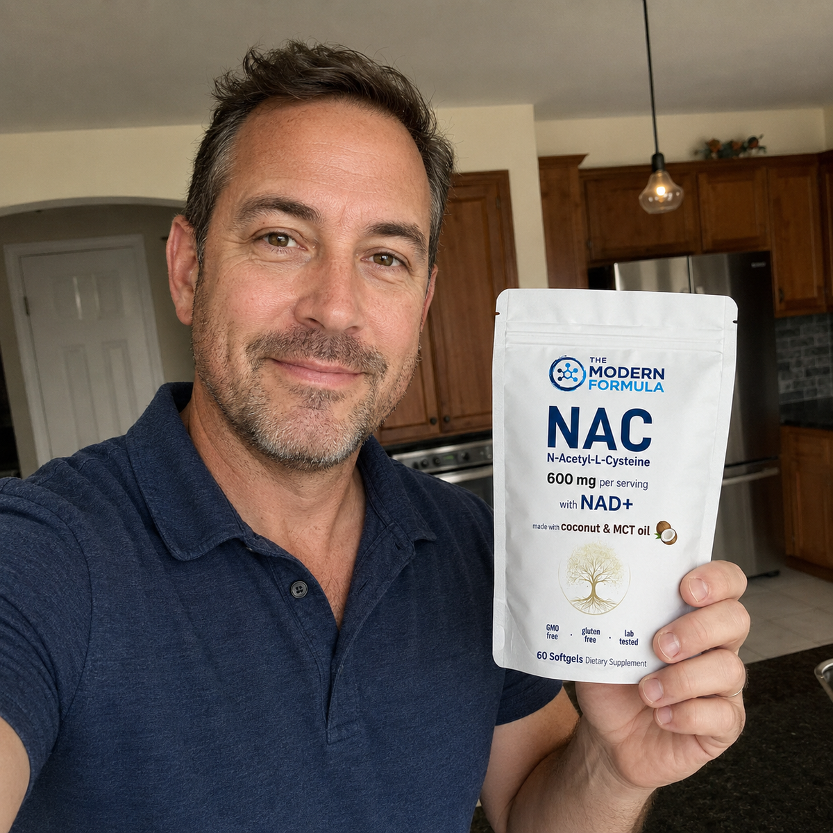 Man at home holding a pouch of NAC softgels