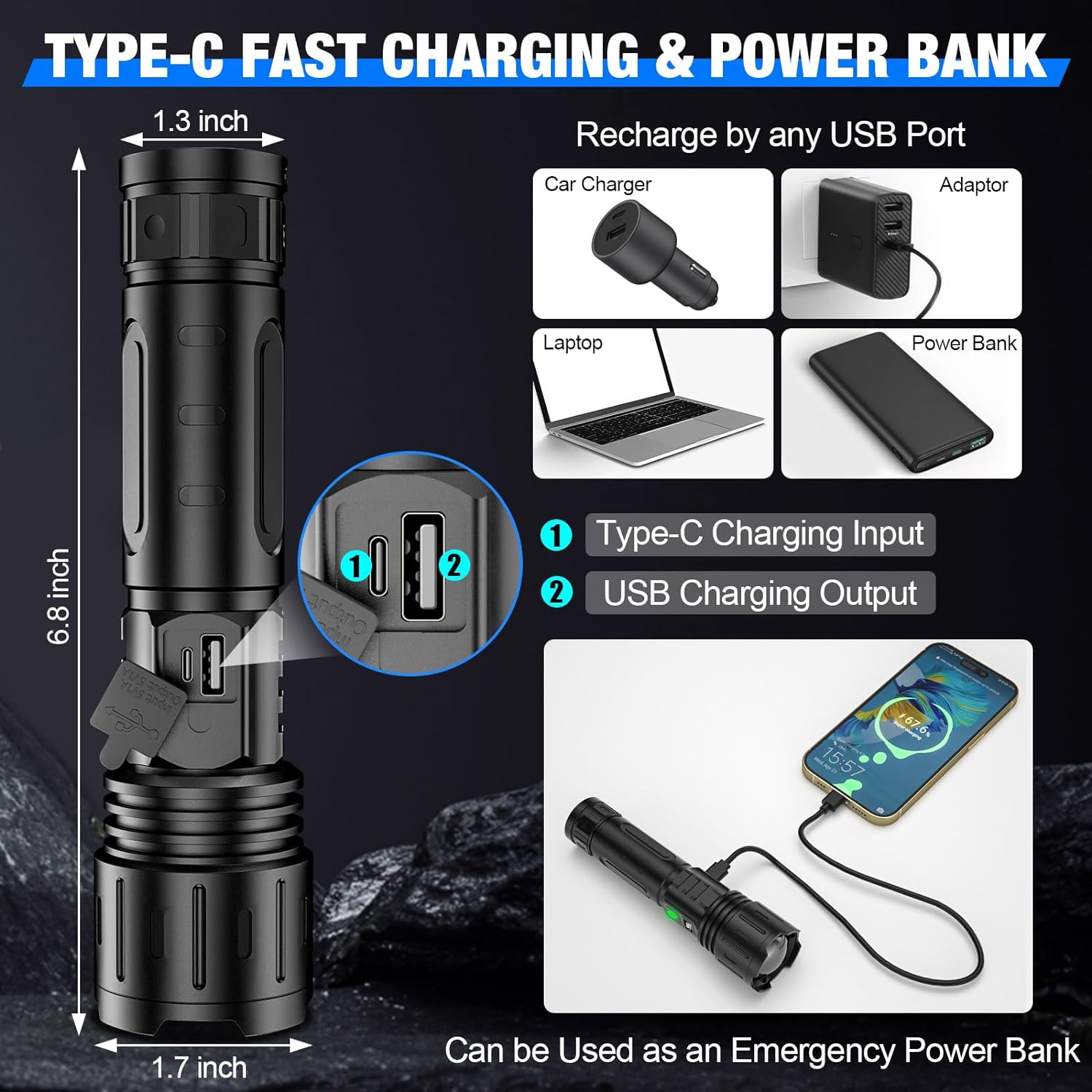 Taktische Hochleistungs-Taschenlampe mit wiederaufladbarem Akku und Powerbank-Funktion