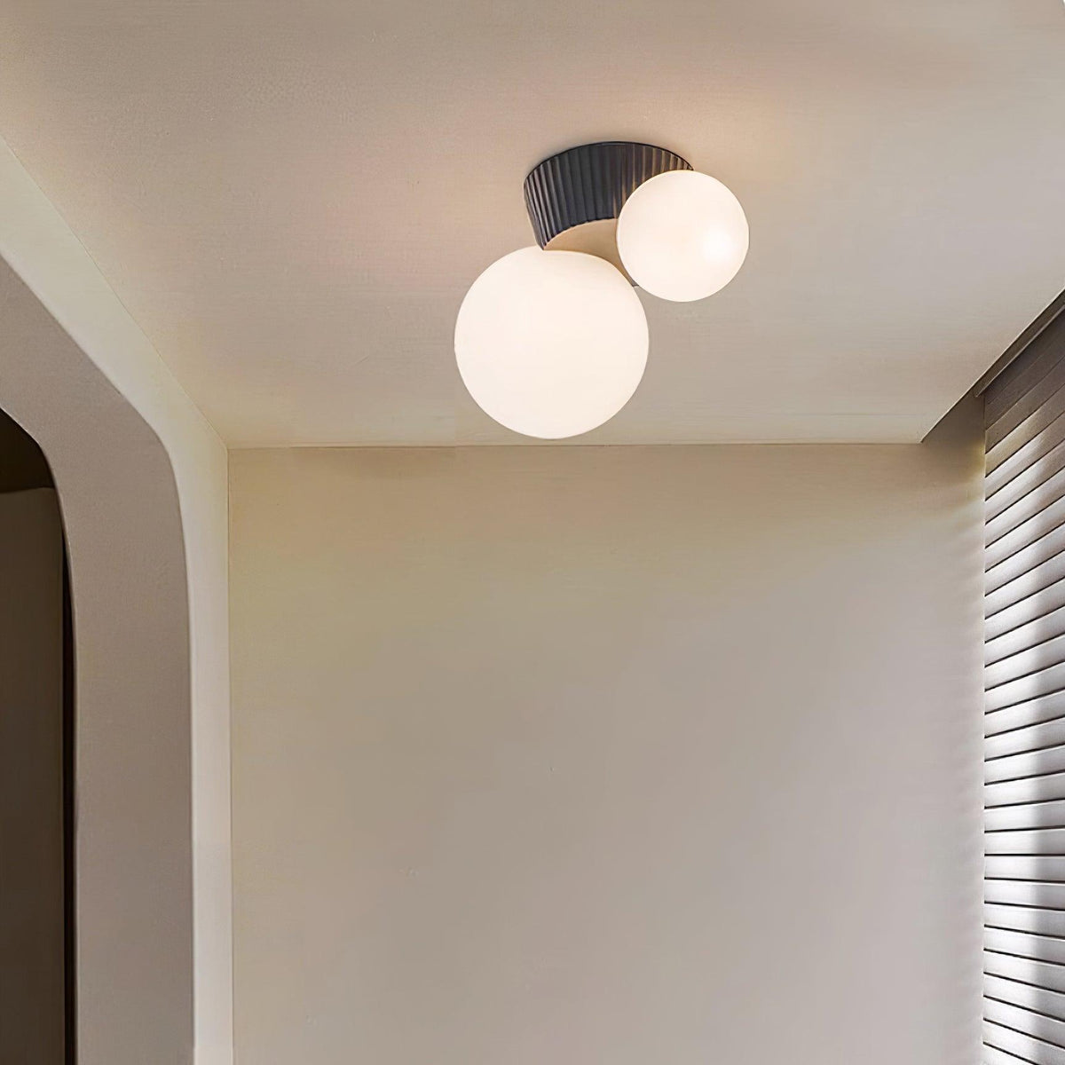 Asymmetrical Ceiling Lamp — Sculptural Design, Dual Frosted Glass Globes