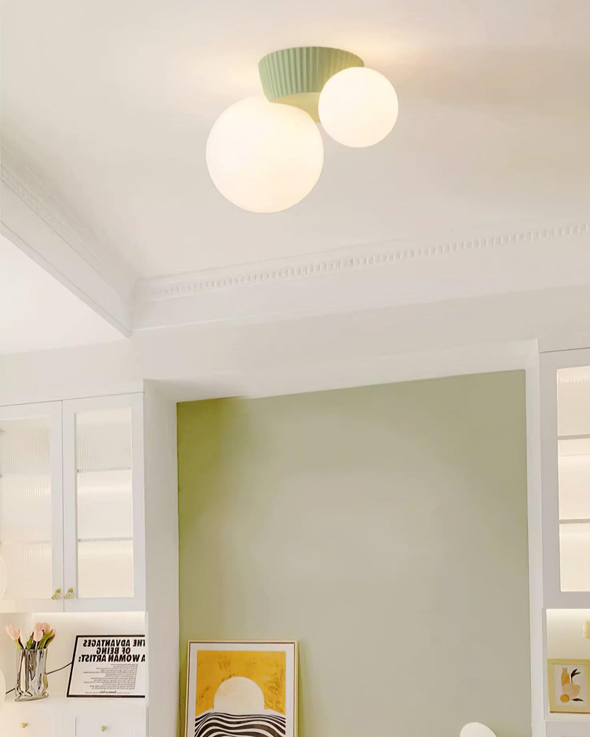 Asymmetrical Ceiling Lamp — Sculptural Design, Dual Frosted Glass Globes