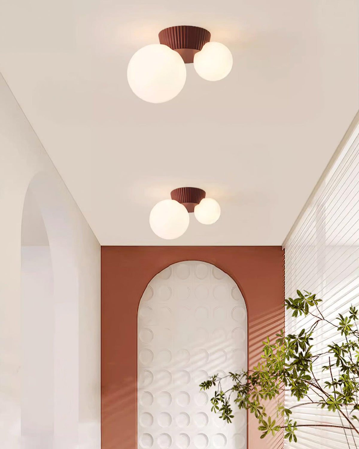Asymmetrical Ceiling Lamp — Sculptural Design, Dual Frosted Glass Globes