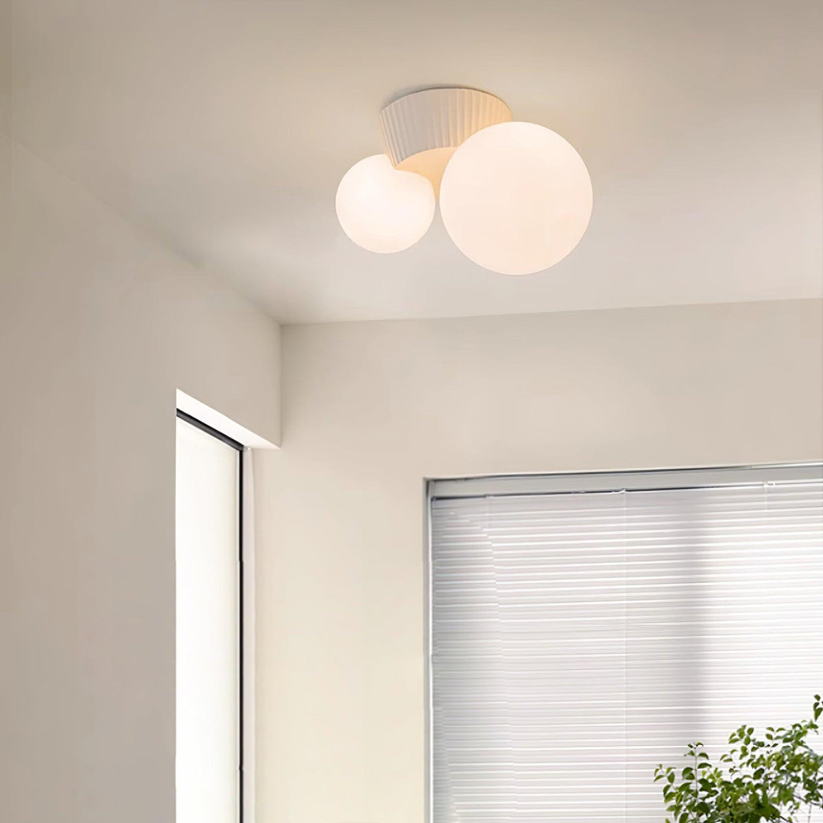 Asymmetrical Ceiling Lamp — Sculptural Design, Dual Frosted Glass Globes