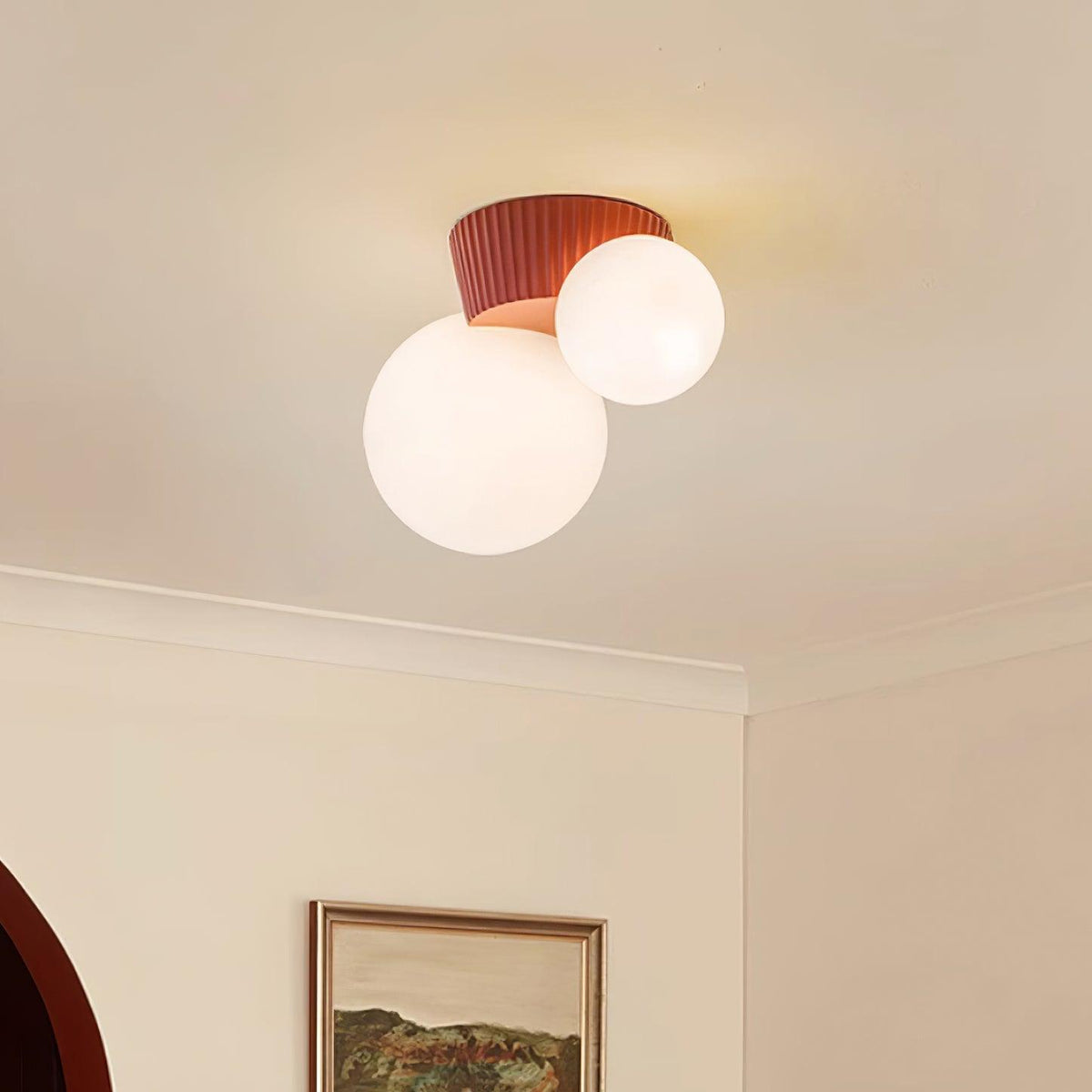 Asymmetrical Ceiling Lamp — Sculptural Design, Dual Frosted Glass Globes