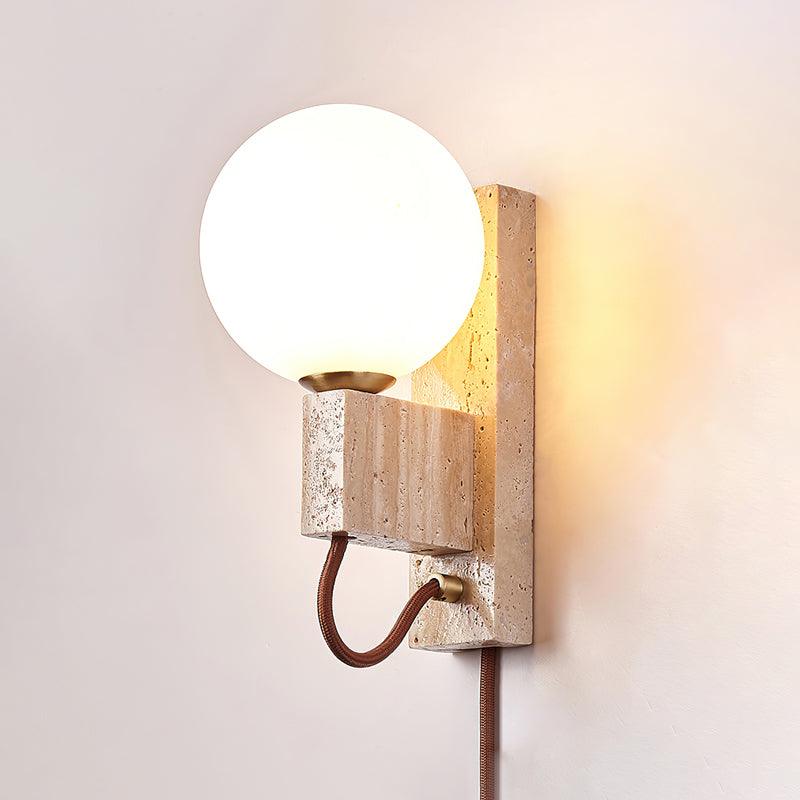 Żółta lampa ścienna z trawertynu — nowoczesna duża kula z wtyczką