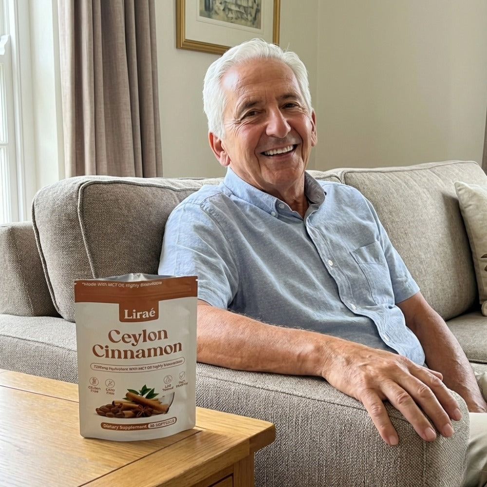 Smiling man on a sofa with a pouch of cinnamon softgels on the table