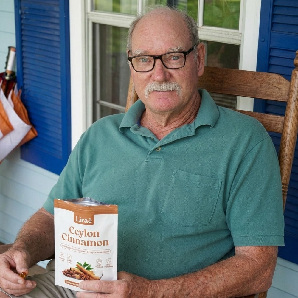 Man in a green shirt holding a pouch of Ceylon cinnamon softgels