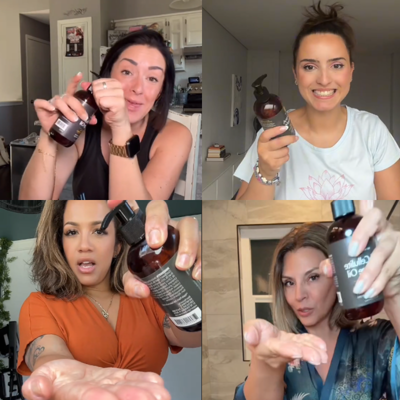 Four women showing the massage oil bottle and its texture