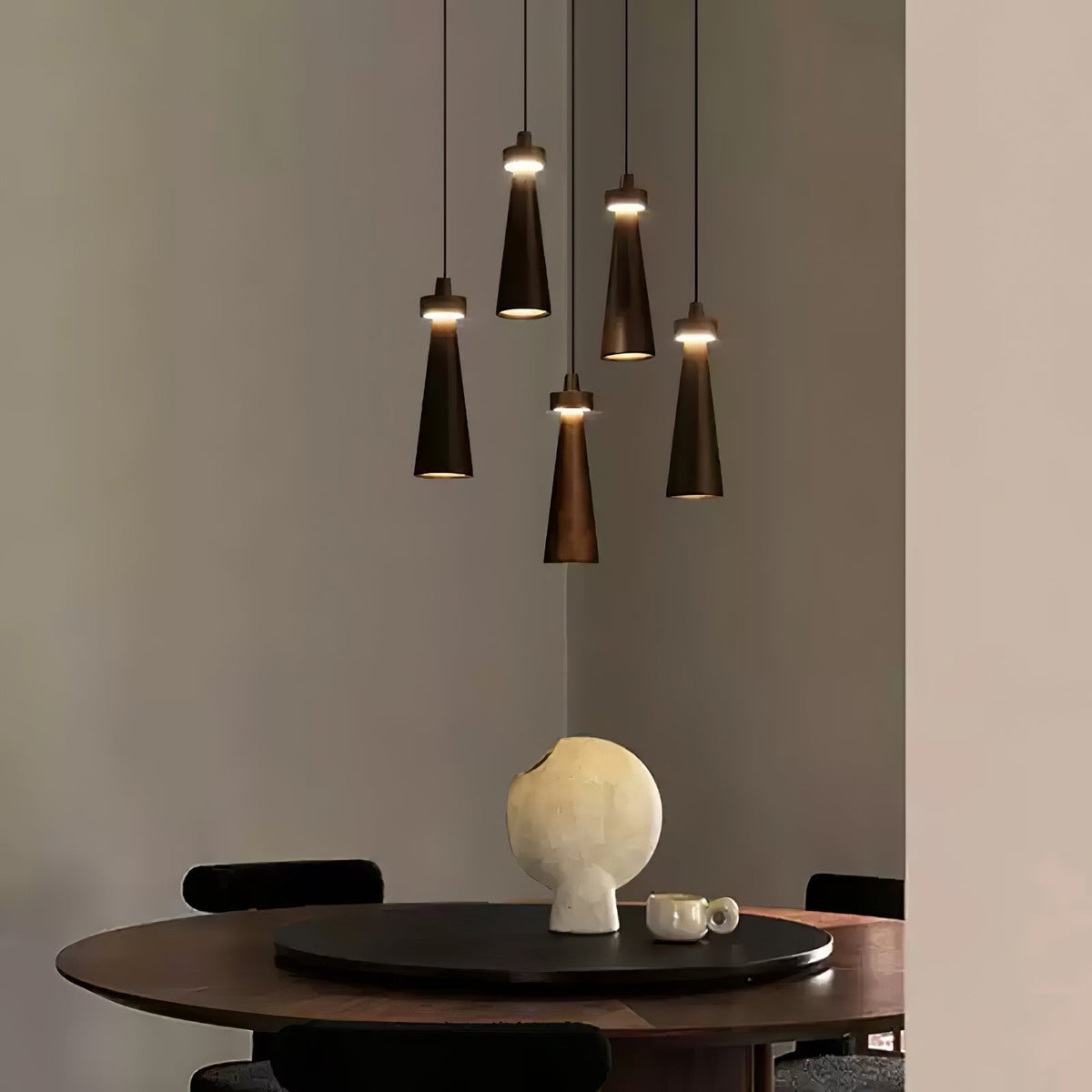 Minimalist Tapered Wood Pendant Light — Integrated LED, 9cm Diameter
