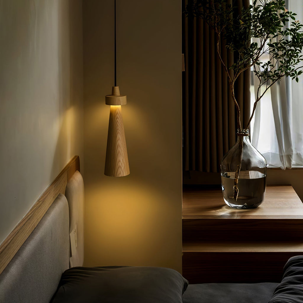 Minimalist Tapered Wood Pendant Light — Integrated LED, 9cm Diameter