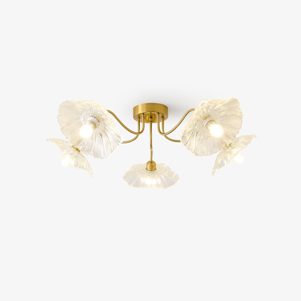 Taklampe med frostet glasskjerm i lotusbladform – gullfarget beslag