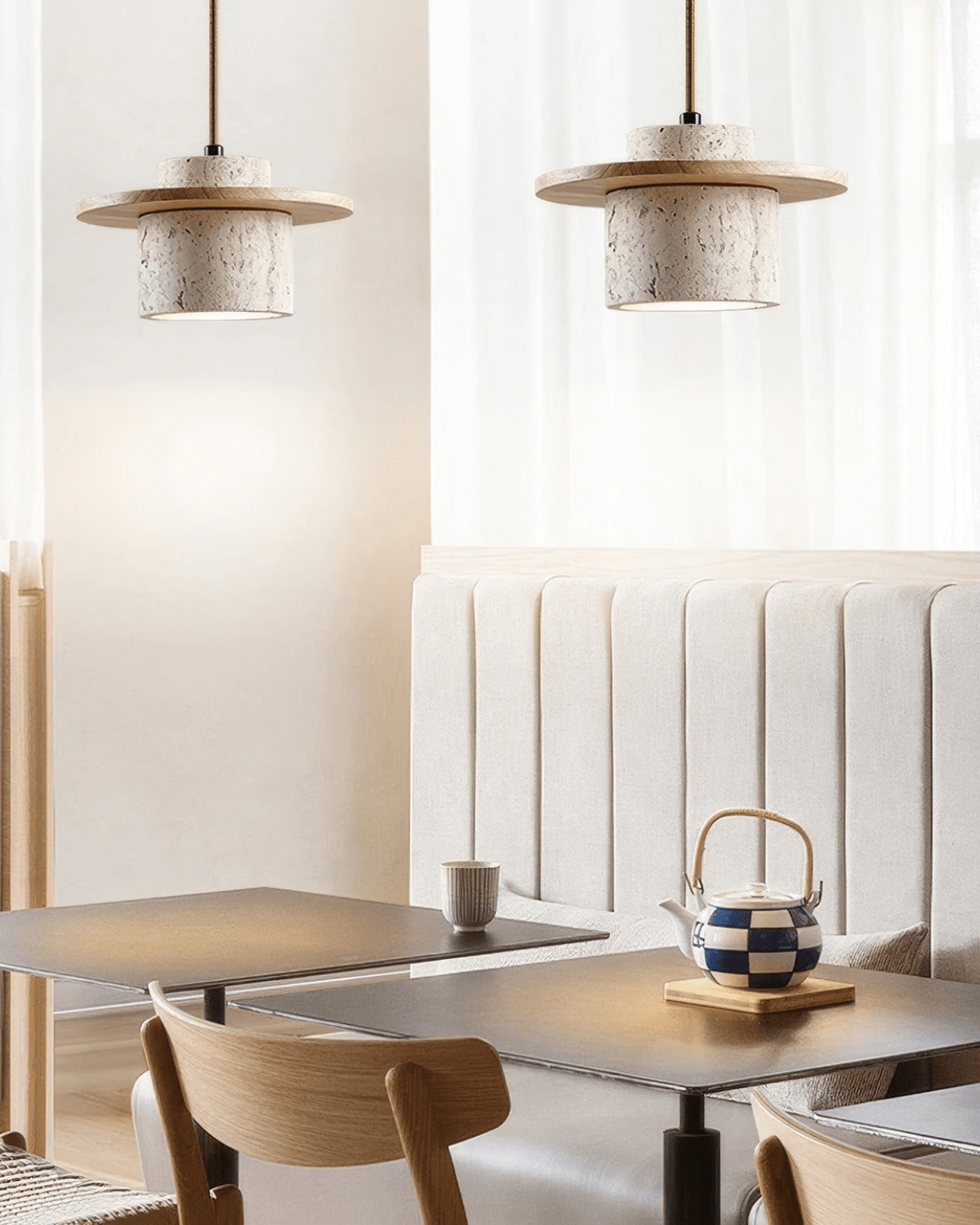 Marvello Travertin og valnøtt skulpturell pendellampe