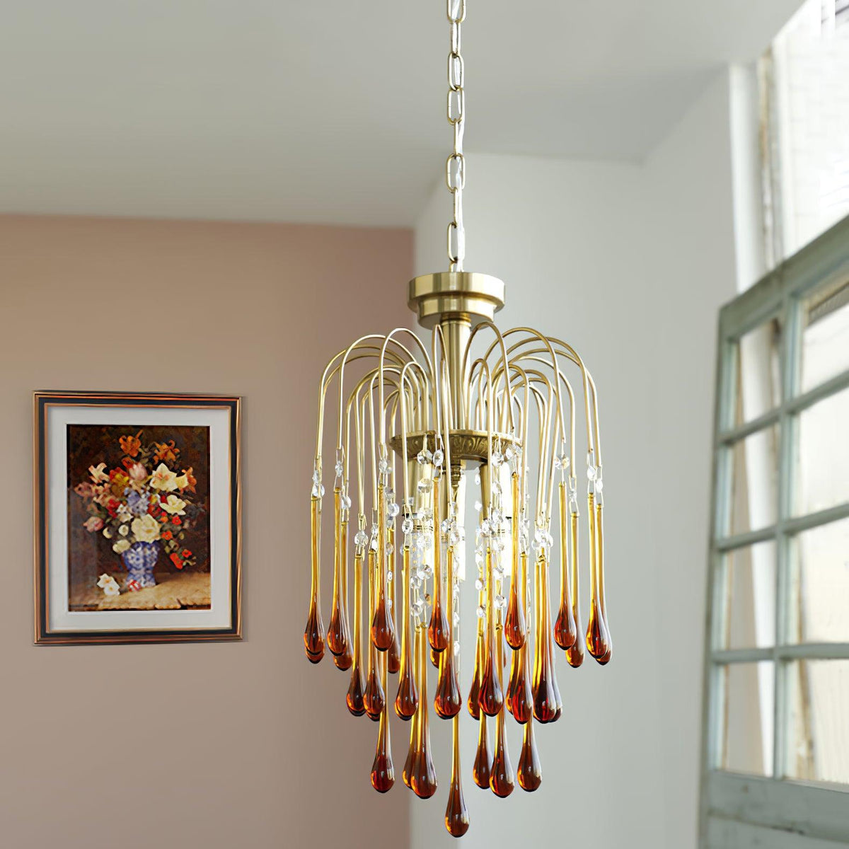 Lampadario Maltose — cascata di ottone e cristallo