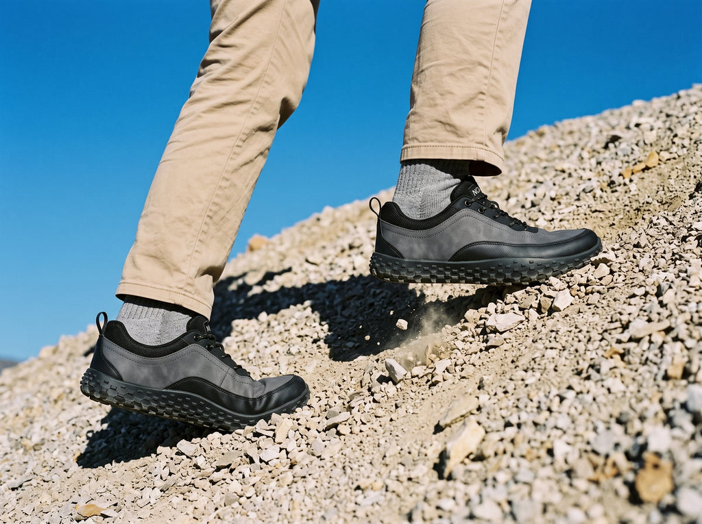 Walker on a rocky hillside path wearing grey and black barefoot trail shoes