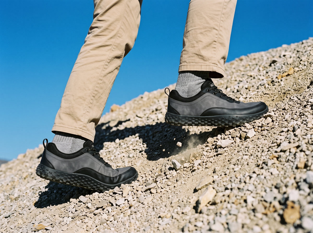 Walker on a rocky hillside path wearing grey and black barefoot trail shoes