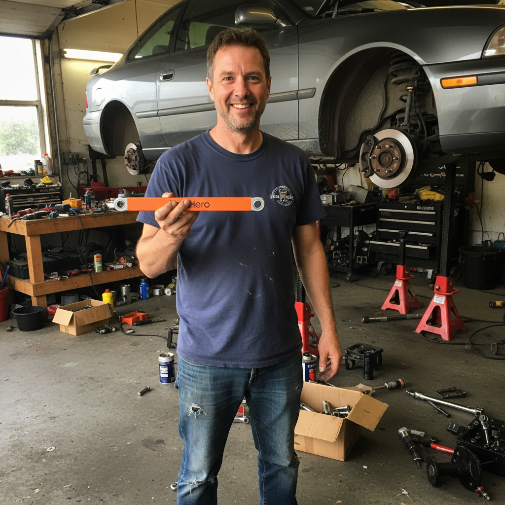 Smiling mechanic in a garage holding the orange extension wrench
