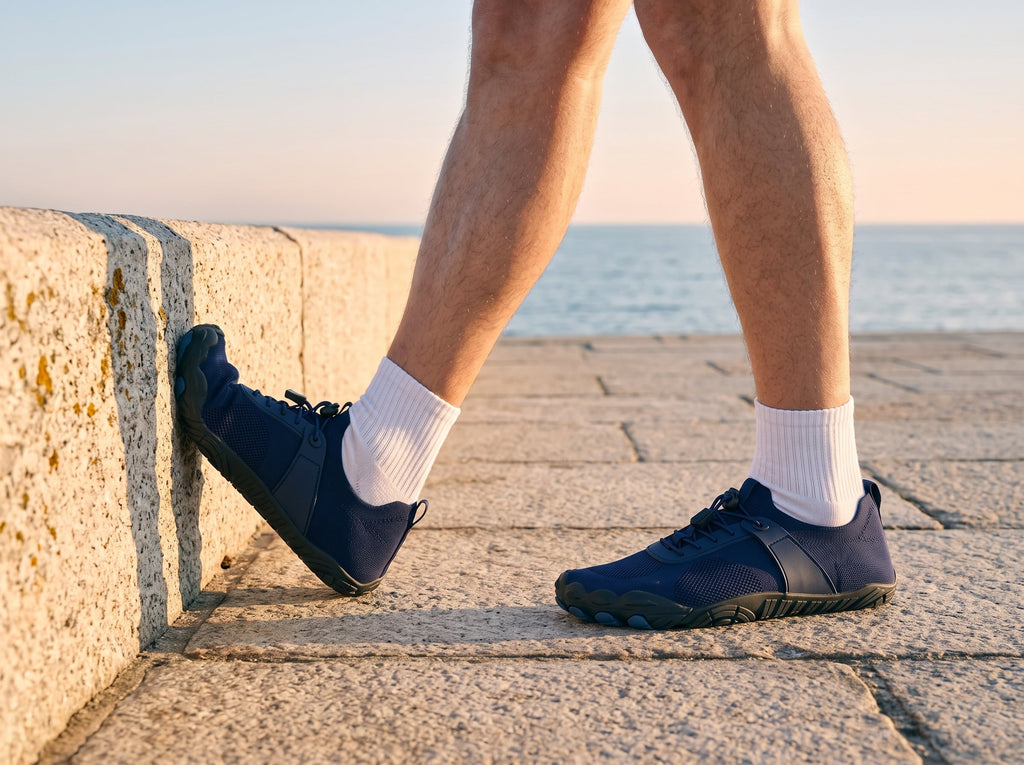 Midnight blue barefoot shoes walking along a sunny seafront