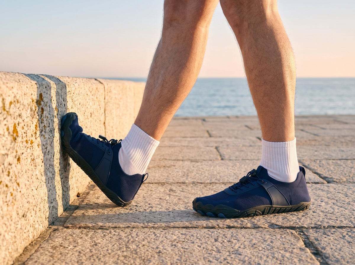 Midnight blue barefoot shoes walking along a sunny seafront