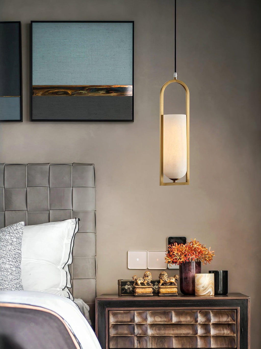 Aethyn Arch Pendant Light — Alabaster Shade, Brass Base