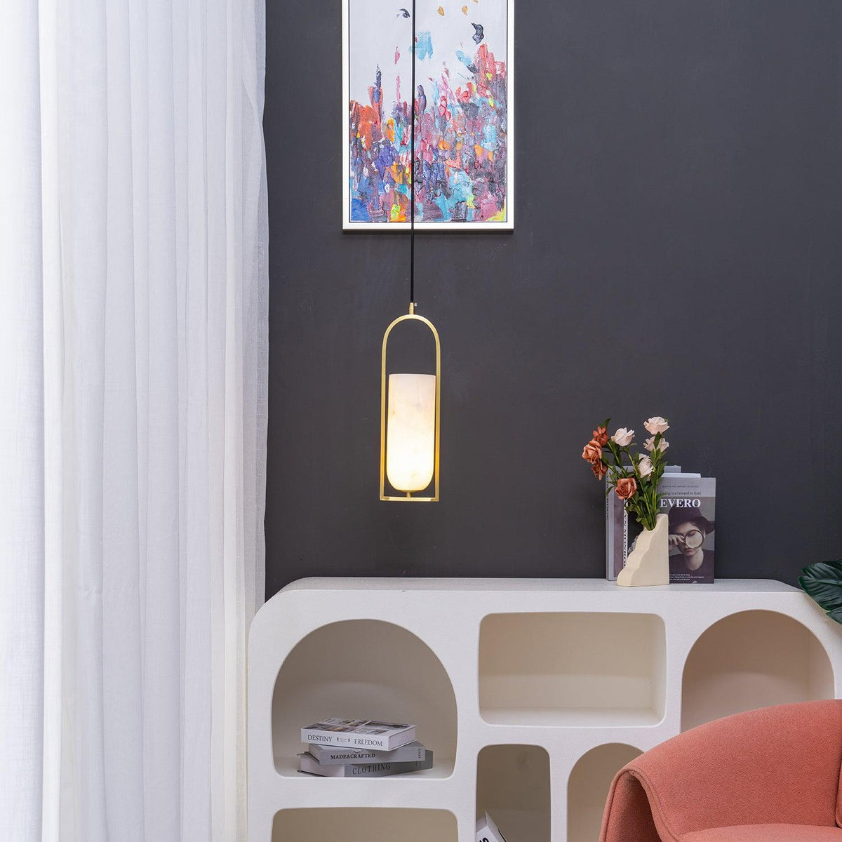 Aethyn Arch Pendant Light — Alabaster Shade, Brass Base