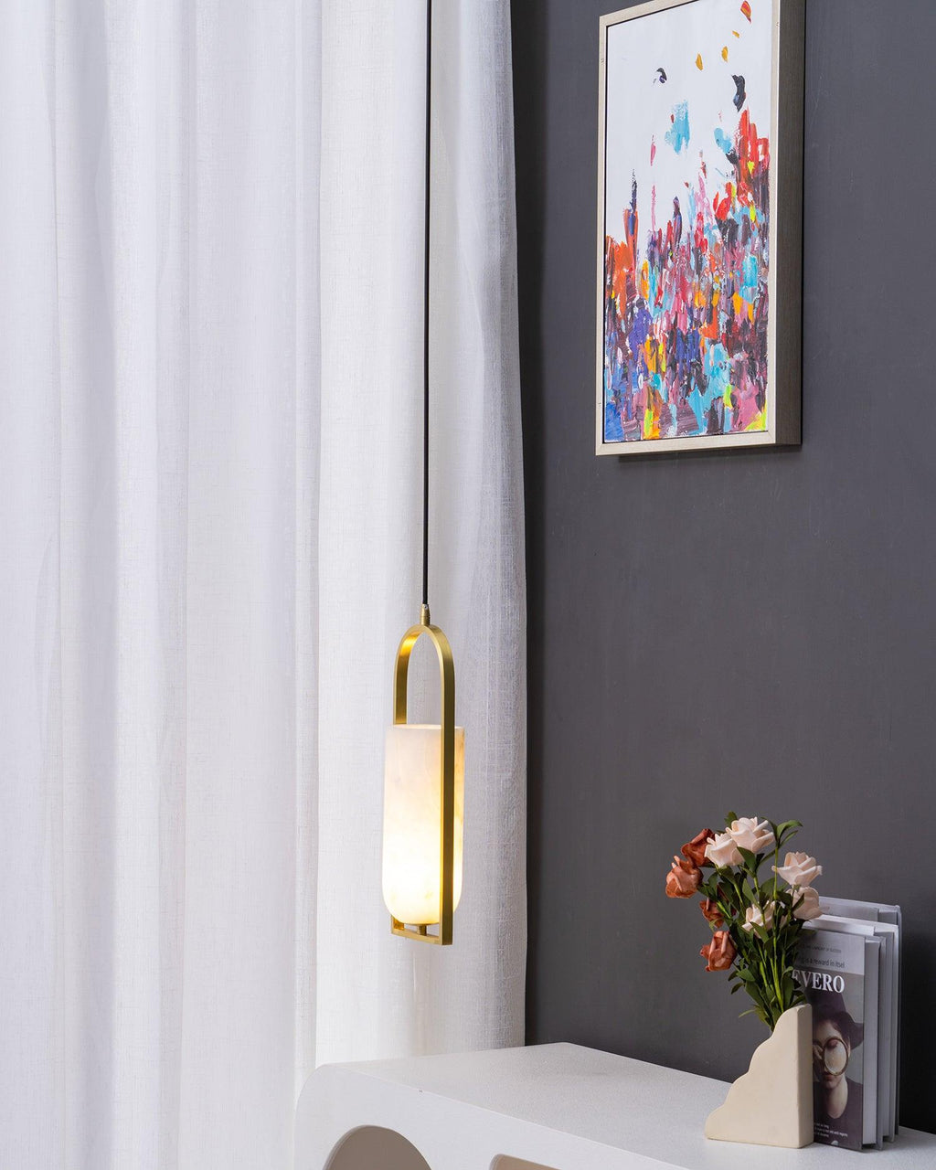 Aethyn Arch Pendant Light — Alabaster Shade, Brass Base