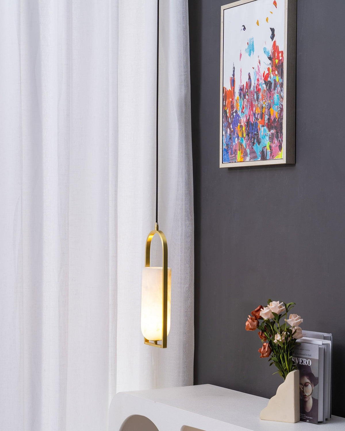 Aethyn Arch Pendant Light — Alabaster Shade, Brass Base