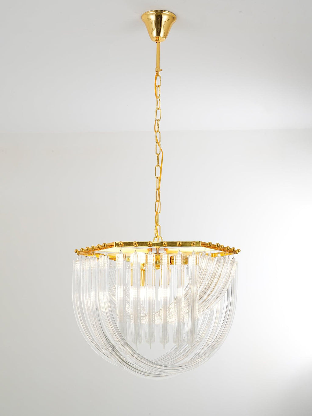Trevi Glass Chandelier — Polished Gold Canopy, Curved Clear Glass Rods, 5 Sizes