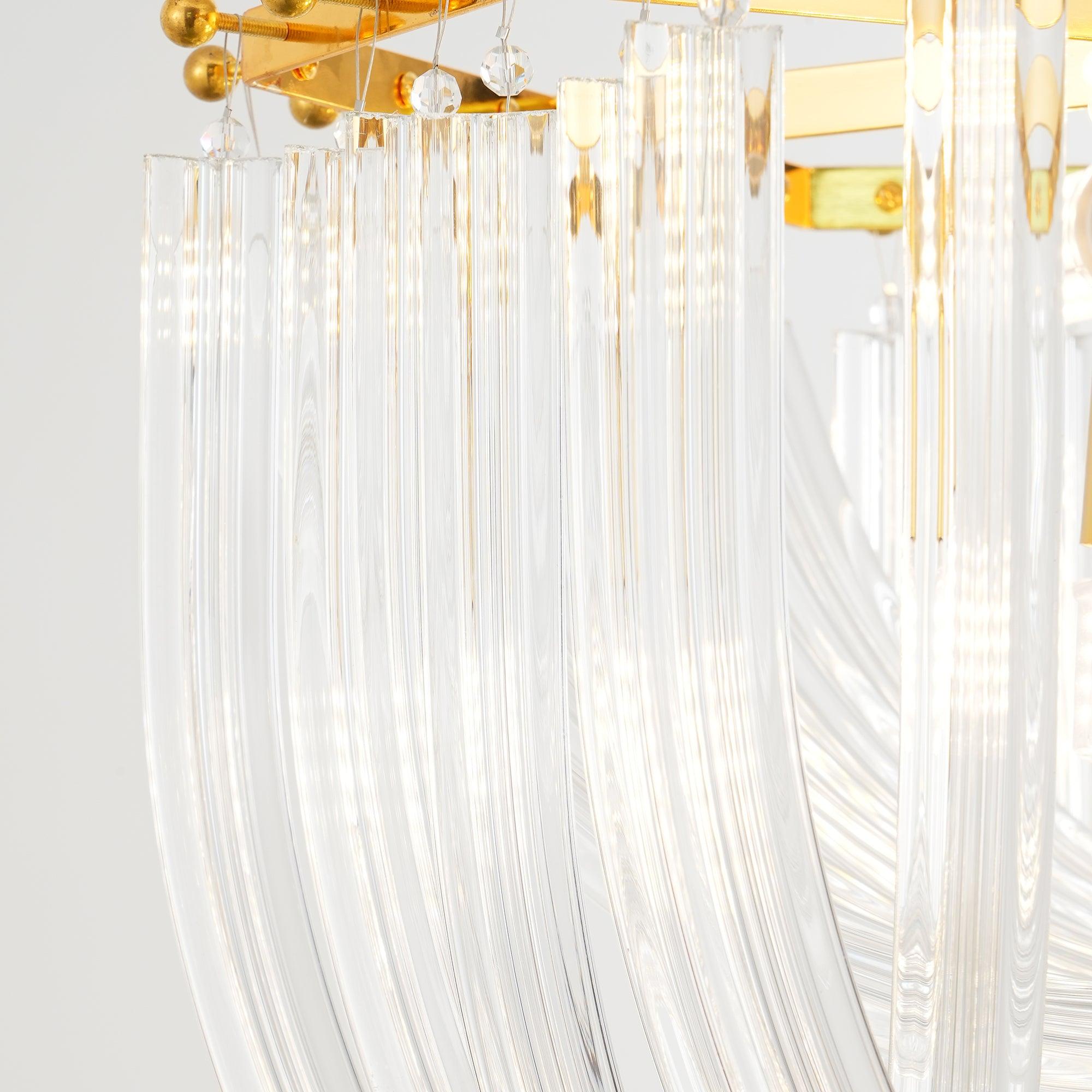 Trevi Glass Chandelier — Polished Gold Canopy, Curved Clear Glass Rods, 5 Sizes