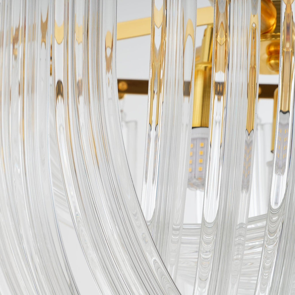 Trevi Glass Chandelier — Polished Gold Canopy, Curved Clear Glass Rods, 5 Sizes