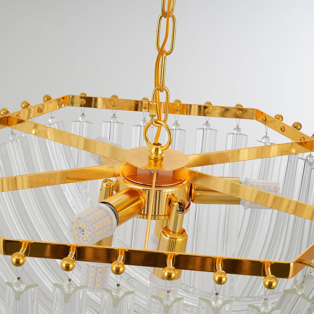Trevi Glass Chandelier — Polished Gold Canopy, Curved Clear Glass Rods, 5 Sizes