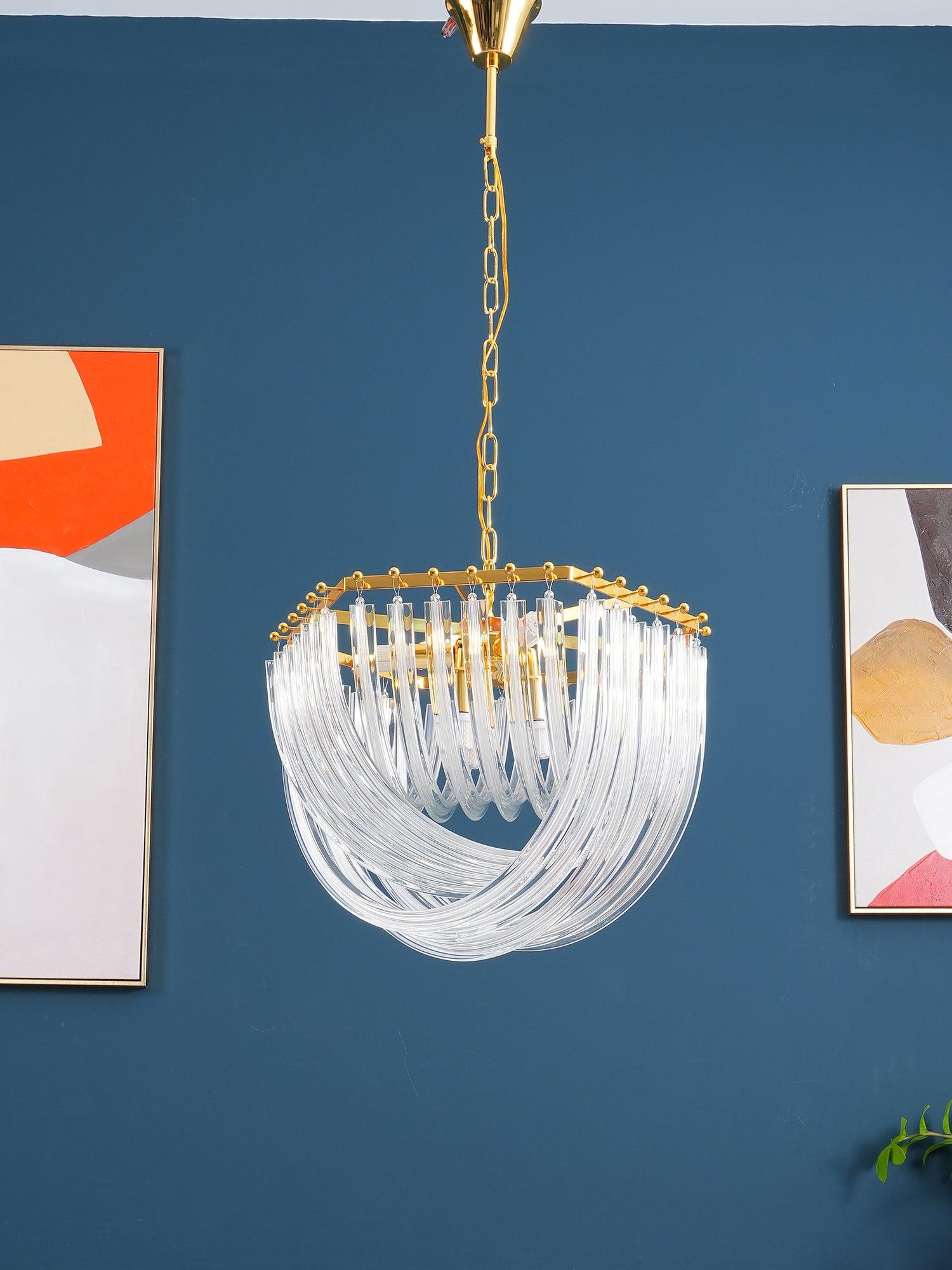 Trevi Glass Chandelier — Polished Gold Canopy, Curved Clear Glass Rods, 5 Sizes