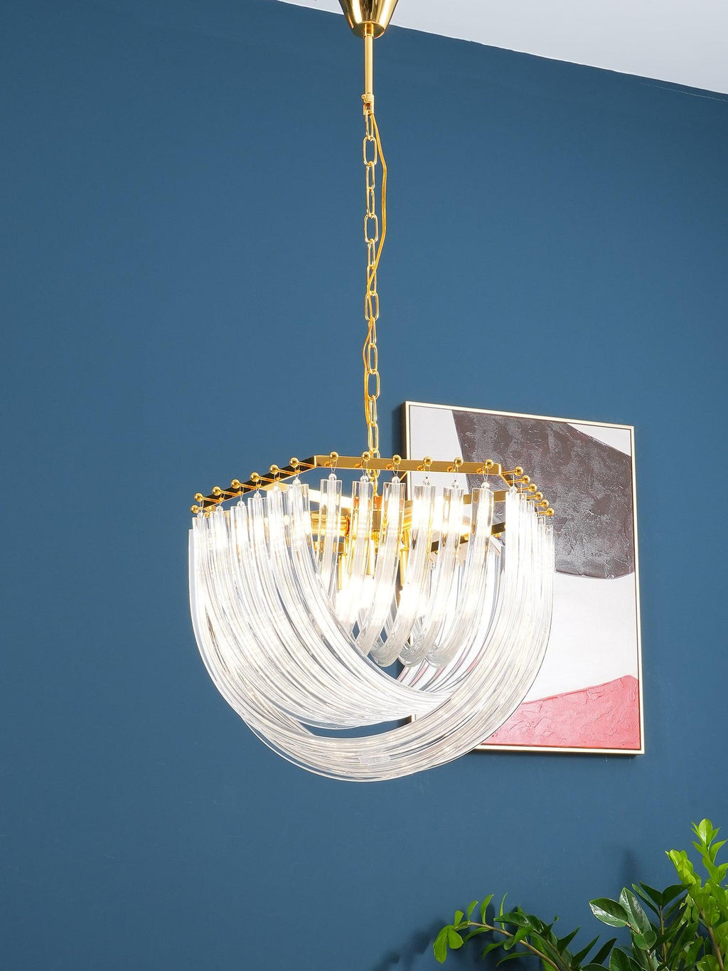 Trevi Glass Chandelier — Polished Gold Canopy, Curved Clear Glass Rods, 5 Sizes