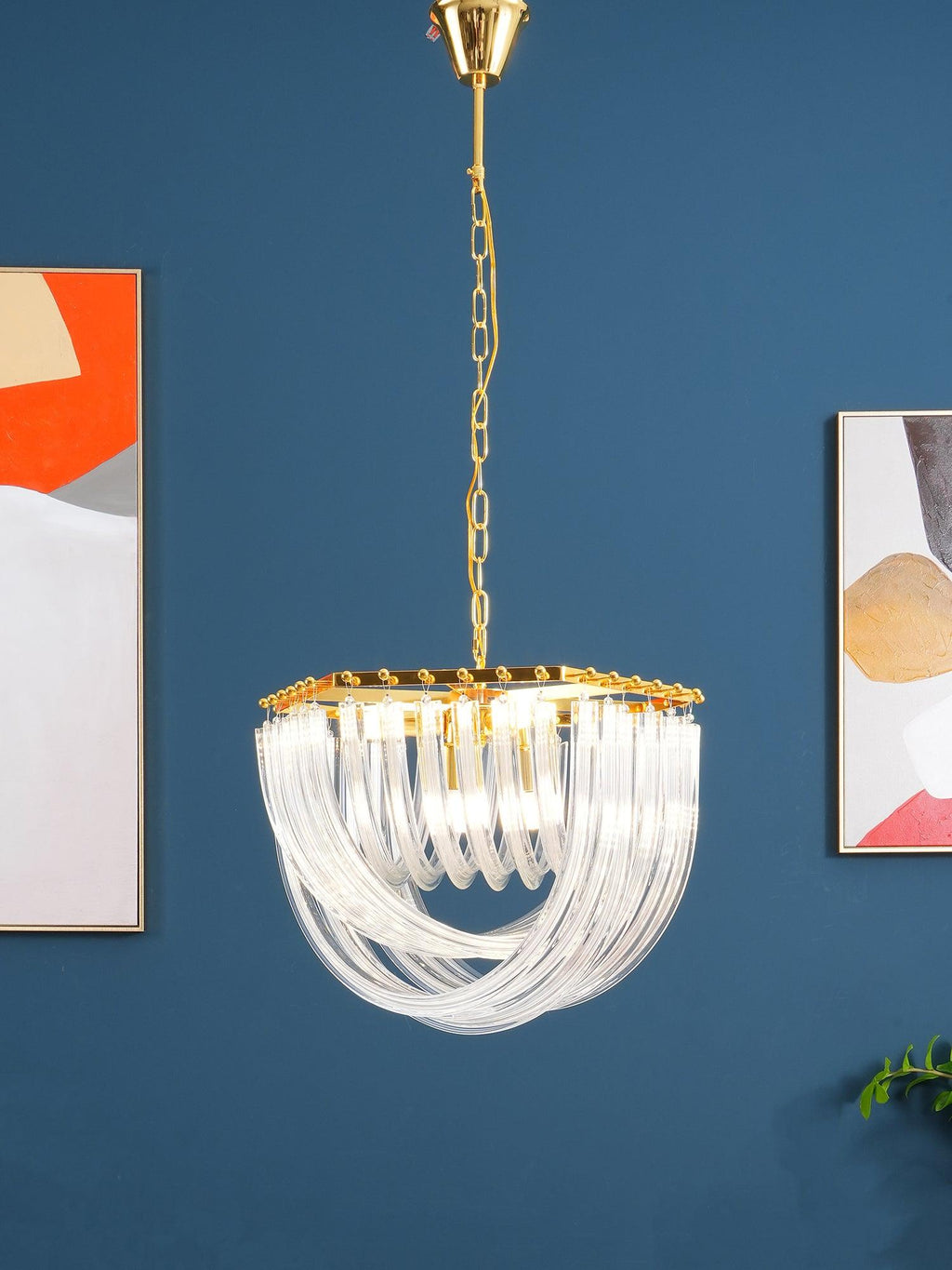 Trevi Glass Chandelier — Polished Gold Canopy, Curved Clear Glass Rods, 5 Sizes