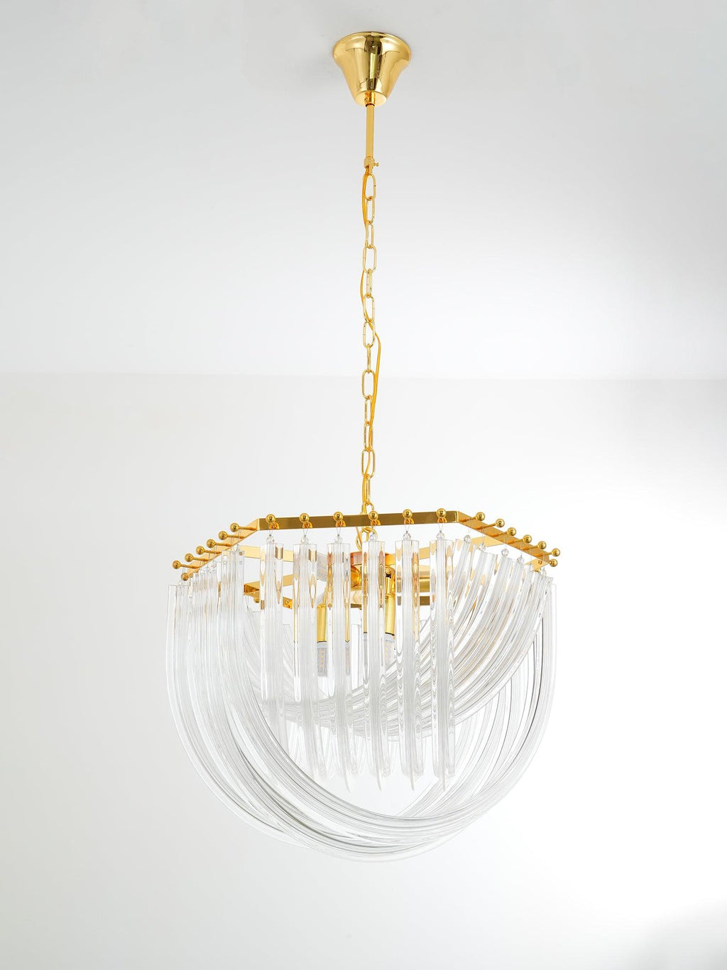 Trevi Glass Chandelier — Polished Gold Canopy, Curved Clear Glass Rods, 5 Sizes