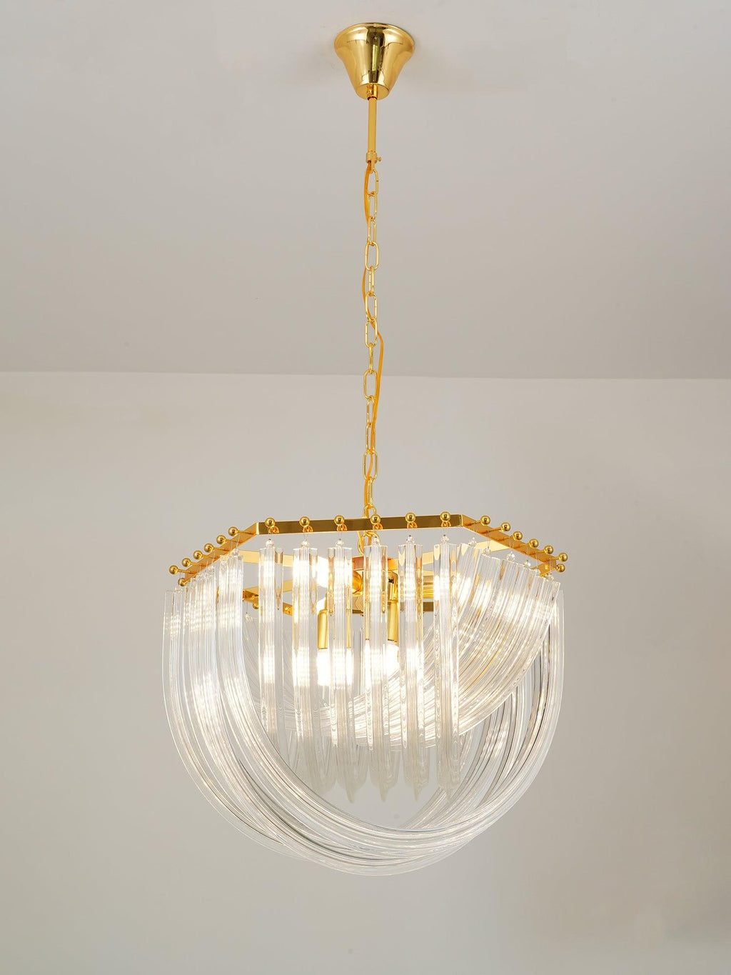 Trevi Glass Chandelier — Polished Gold Canopy, Curved Clear Glass Rods, 5 Sizes