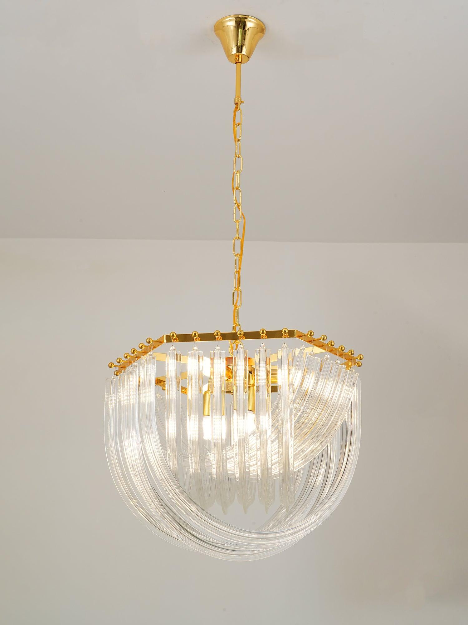 Trevi Glass Chandelier — Polished Gold Canopy, Curved Clear Glass Rods, 5 Sizes