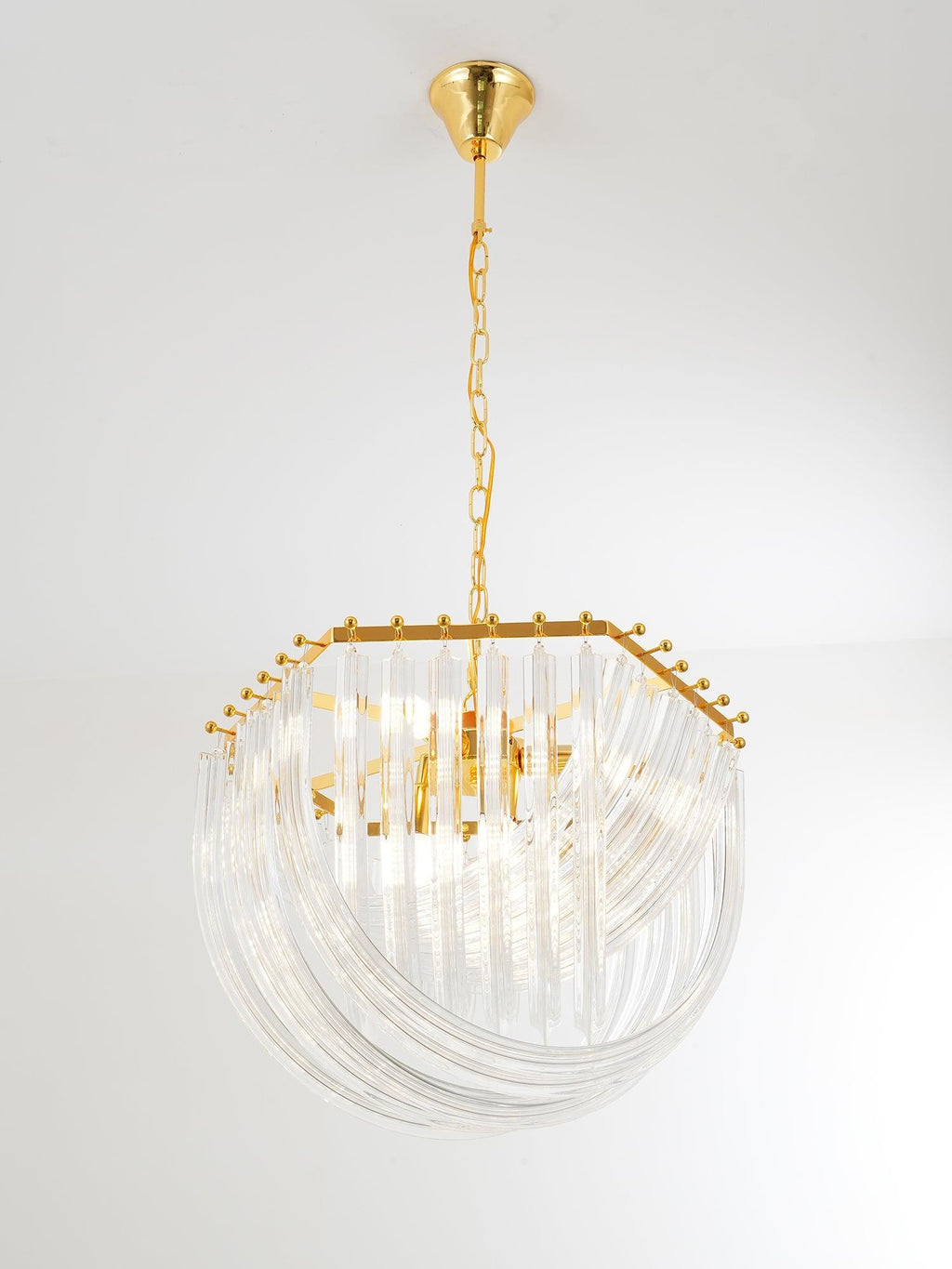 Trevi Glass Chandelier — Polished Gold Canopy, Curved Clear Glass Rods, 5 Sizes