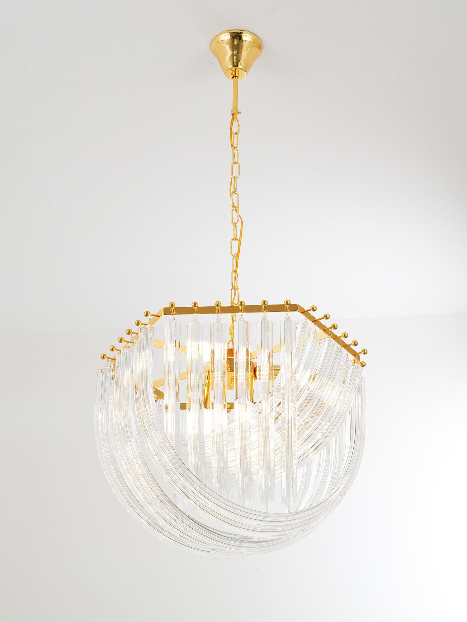 Trevi Glass Chandelier — Polished Gold Canopy, Curved Clear Glass Rods, 5 Sizes