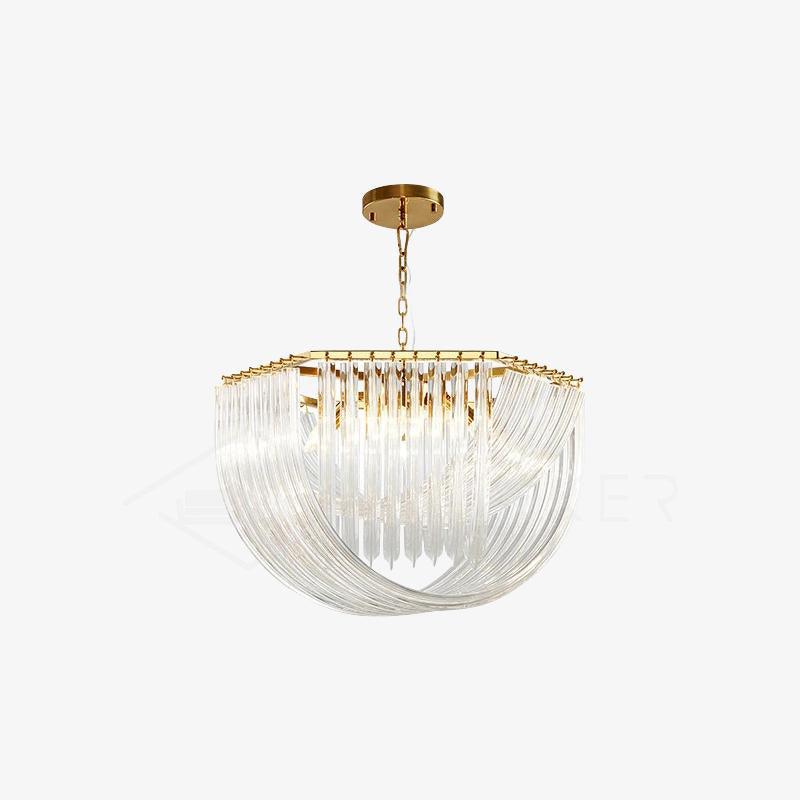 Trevi Glass Chandelier — Polished Gold Canopy, Curved Clear Glass Rods, 5 Sizes