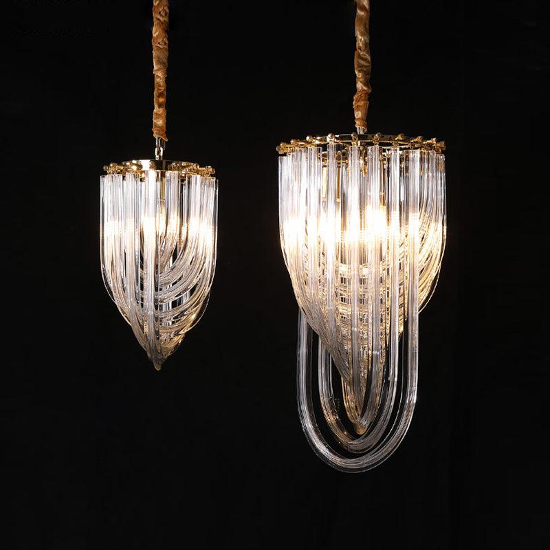 Trevi Glass Chandelier — Polished Gold Canopy, Curved Clear Glass Rods, 5 Sizes