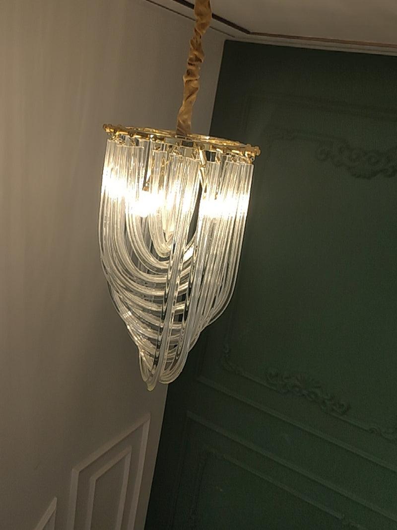 Trevi Glass Chandelier — Polished Gold Canopy, Curved Clear Glass Rods, 5 Sizes