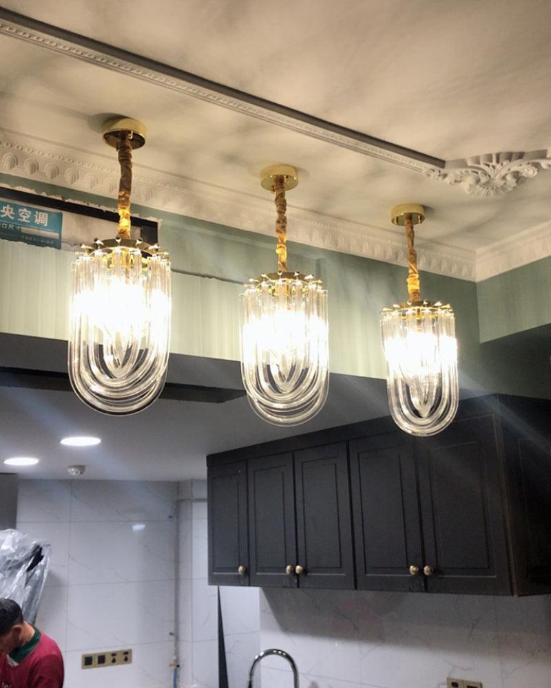 Trevi Glass Chandelier — Polished Gold Canopy, Curved Clear Glass Rods, 5 Sizes