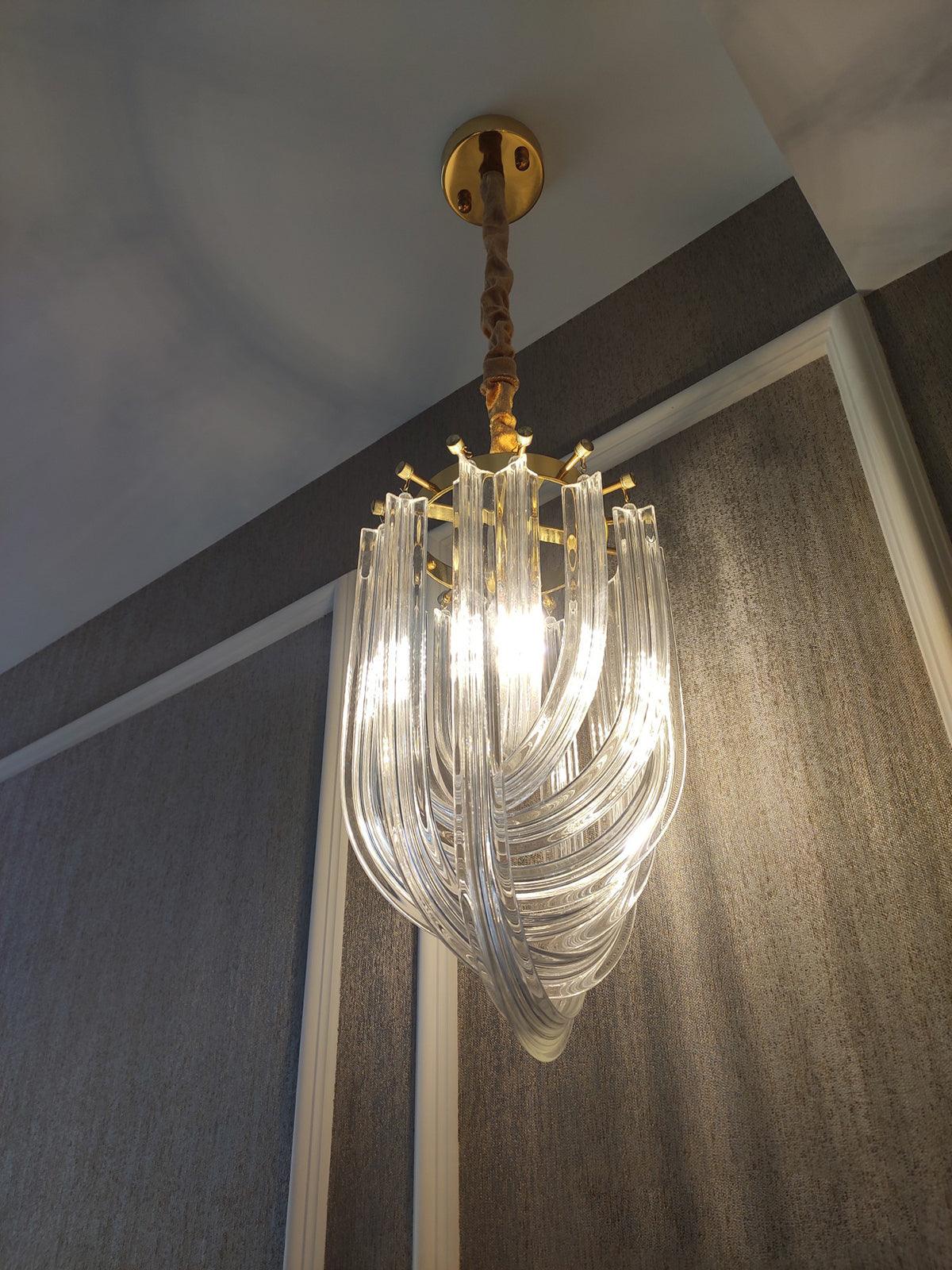 Trevi Glass Chandelier — Polished Gold Canopy, Curved Clear Glass Rods, 5 Sizes