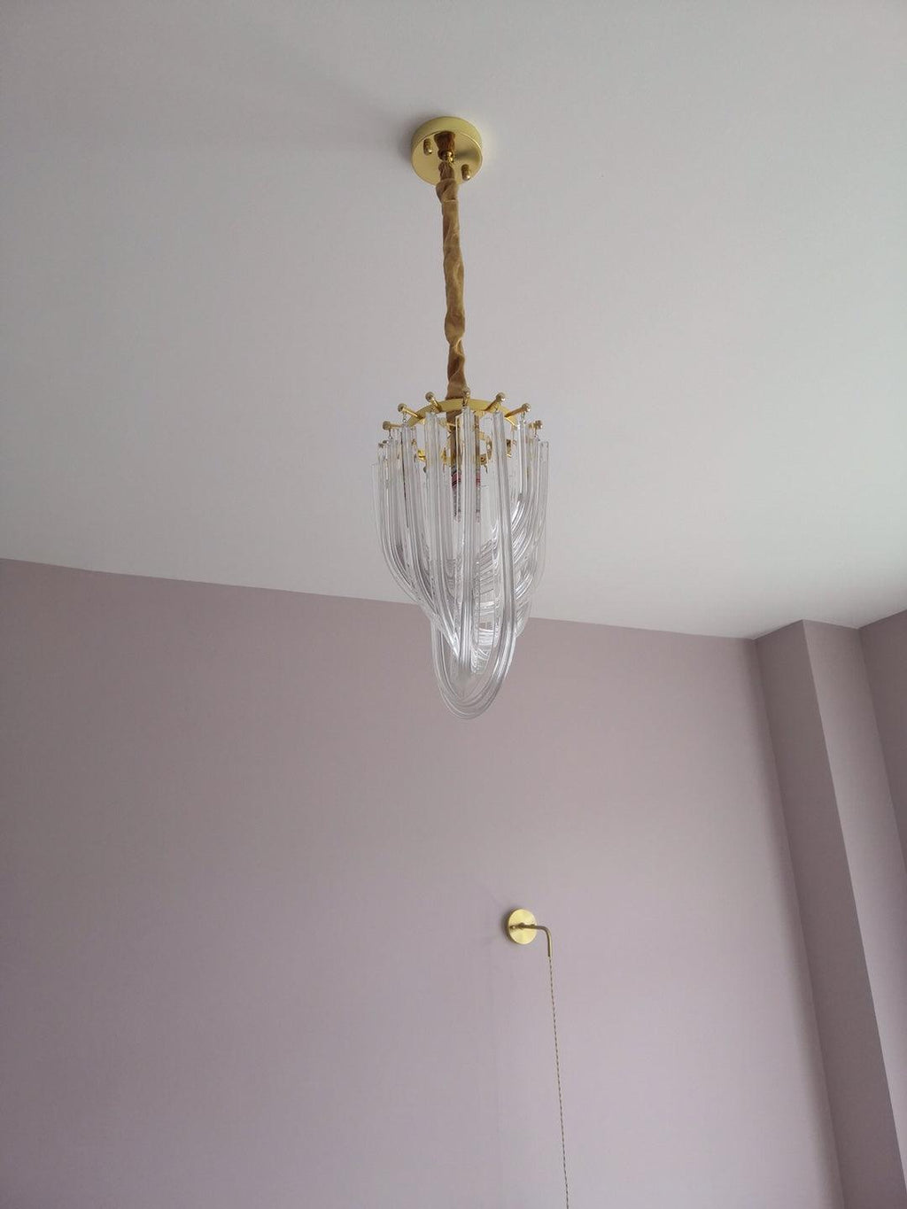 Trevi Glass Chandelier — Polished Gold Canopy, Curved Clear Glass Rods, 5 Sizes